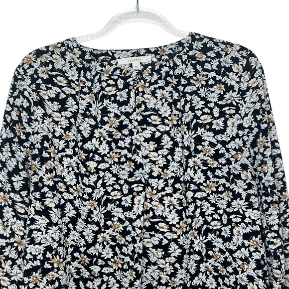 FUN2FUN Loose Fit Floral Blouse Long Sleeve Keyhole Front Black White Size Large - Picture 2 of 7